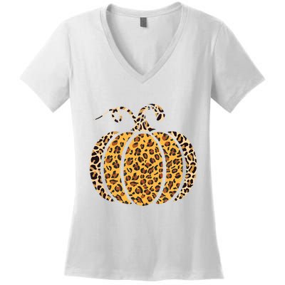 Pumpkin Leopard Print Funny Halloween Costume Autumn Pumpkin Women's V-Neck T-Shirt