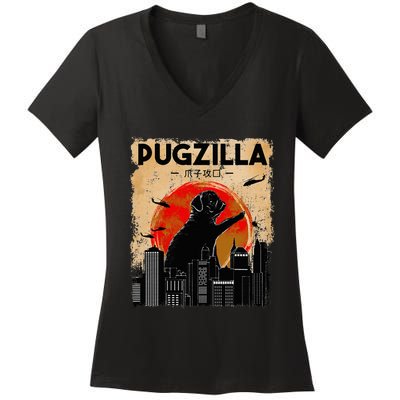 Pug Lover Pugzilla Funny Pug Funny Dog  Women's V-Neck T-Shirt