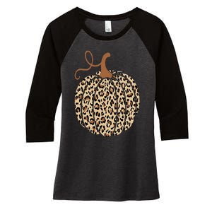 Pumpkin Leopard Print Cheetah Fall  Thanksgiving Women's Tri-Blend 3/4-Sleeve Raglan Shirt