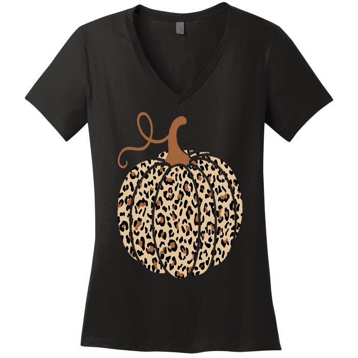 Pumpkin Leopard Print Cheetah Fall  Thanksgiving Women's V-Neck T-Shirt