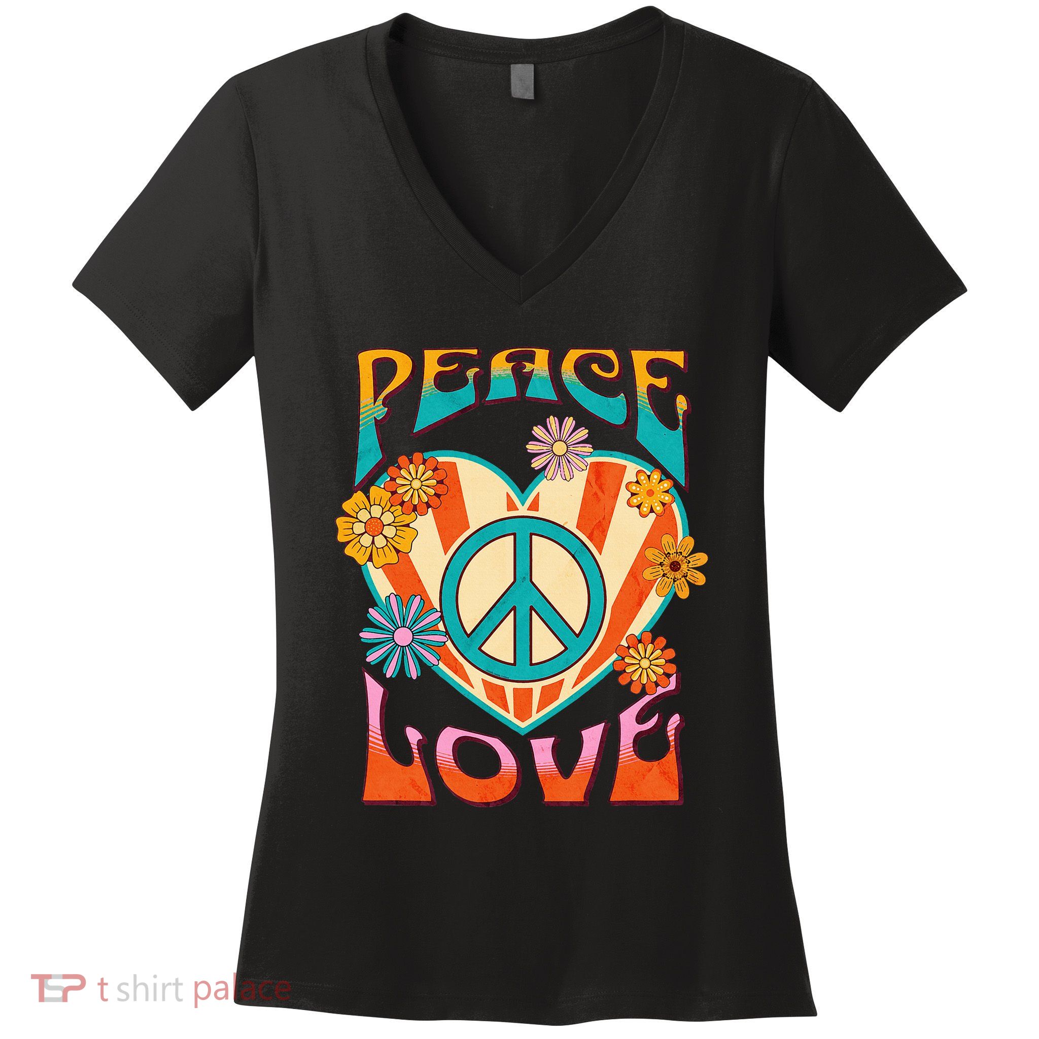 Peace Love Peace Sign 60s 70s Hippie Style Women's V-Neck T-Shirt
