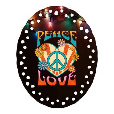 Peace Love Peace Sign 60s 70s Hippie Style Ceramic Oval Ornament