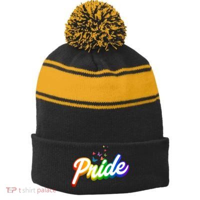 Pride Logo Rainbow Butterflies  Stripe Pom Pom Beanie