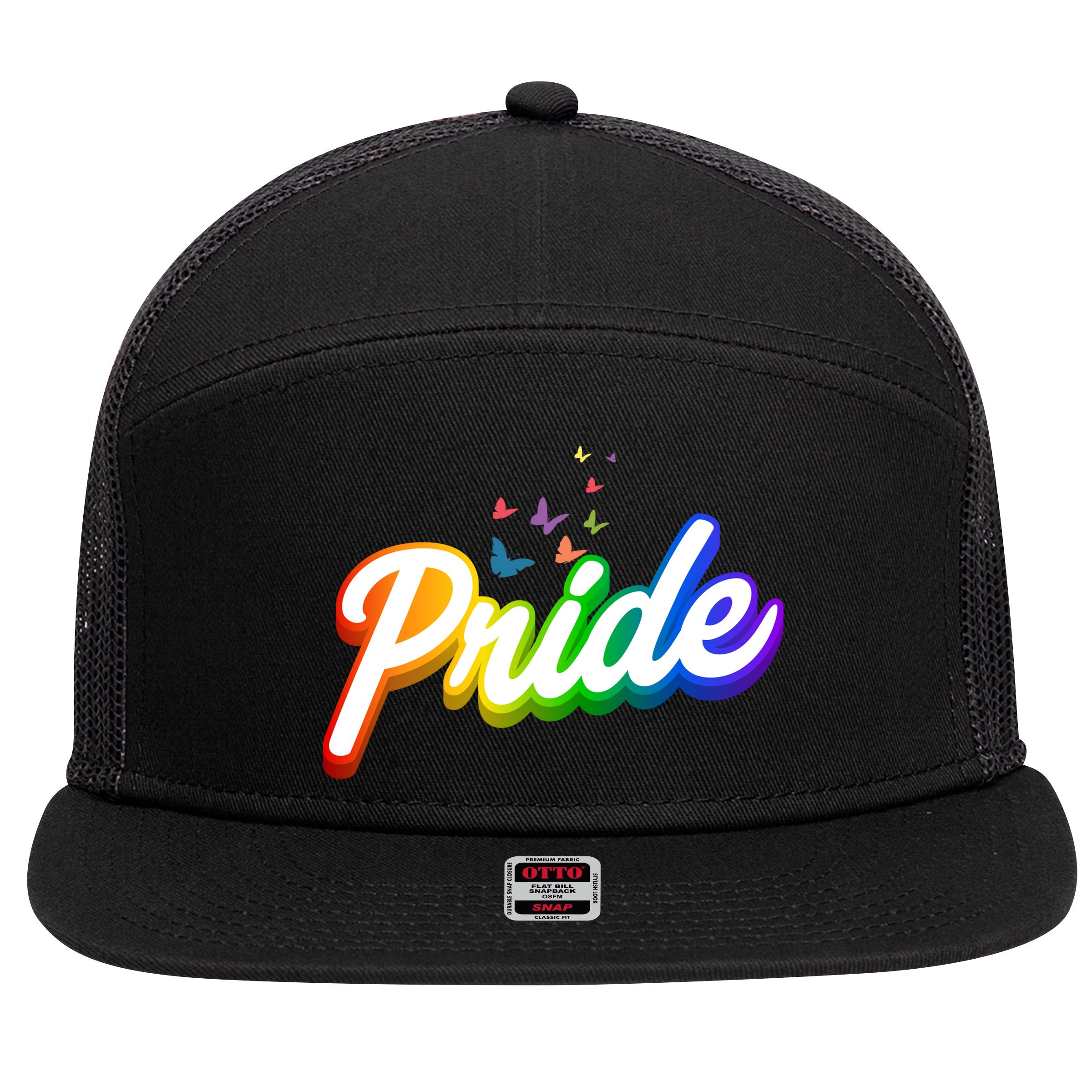 Pride Logo Rainbow Butterflies  7 Panel Mesh Trucker Snapback Hat