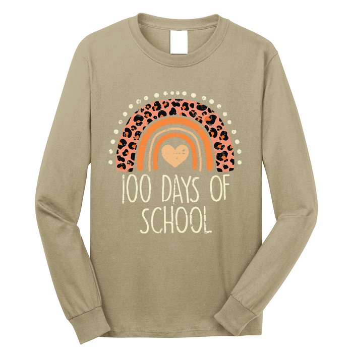 Peach Leopard Rainbow 100 Days School Cute 100th Day Teacher Long Sleeve Shirt