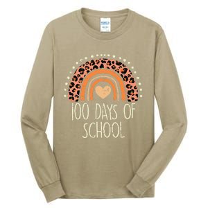 Peach Leopard Rainbow 100 Days School Cute 100th Day Teacher Tall Long Sleeve T-Shirt