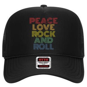 Peace Love Rock And Roll Distressed Rock Concert High Crown Mesh Back Trucker Hat