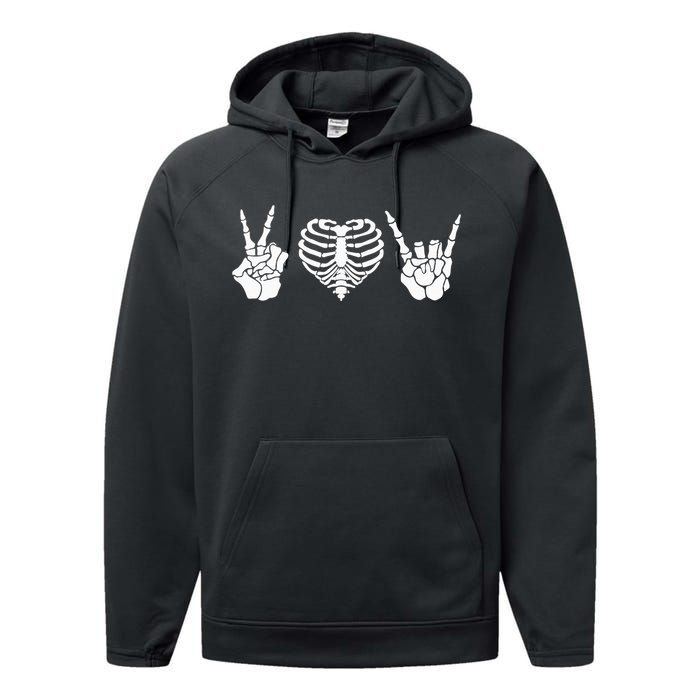 Peace Love Rock & Roll Skeleton Hand Halloween Music Concert Performance Fleece Hoodie