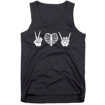 Peace Love Rock & Roll Skeleton Hand Halloween Music Concert Tank Top