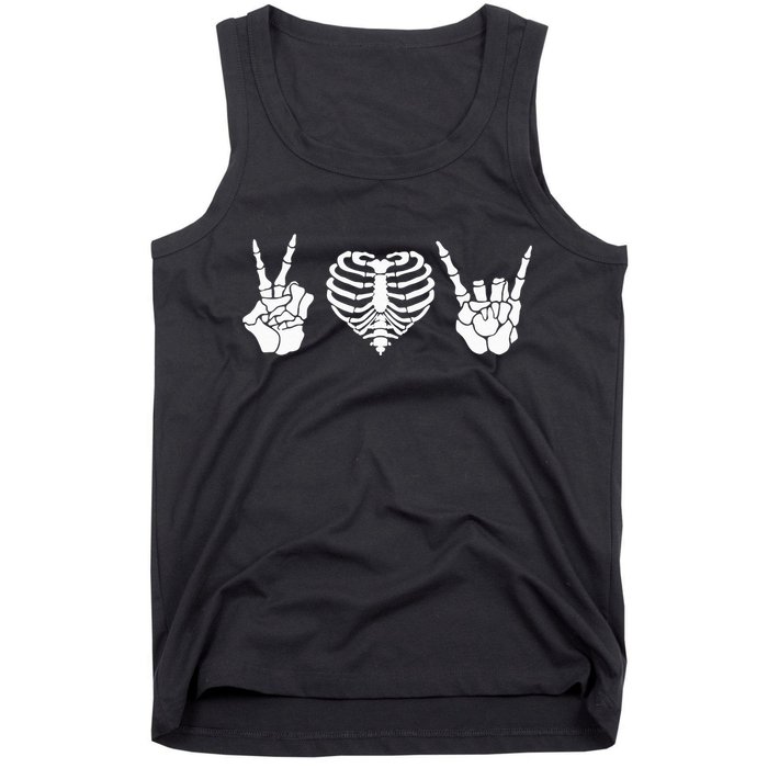 Peace Love Rock & Roll Skeleton Hand Halloween Music Concert Tank Top