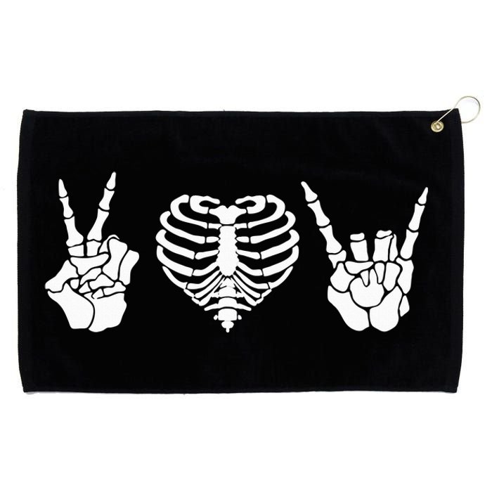 Peace Love Rock & Roll Skeleton Hand Halloween Music Concert Grommeted Golf Towel