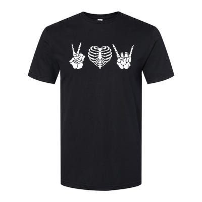 Peace Love Rock & Roll Skeleton Hand Halloween Music Concert Softstyle CVC T-Shirt