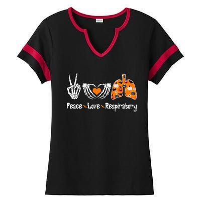 Peace Love Respiratory Therapist Skeleton Halloween Costume Ladies Halftime Notch Neck Tee