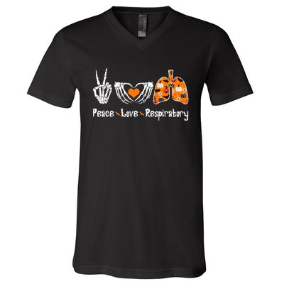 Peace Love Respiratory Therapist Skeleton Halloween Costume V-Neck T-Shirt