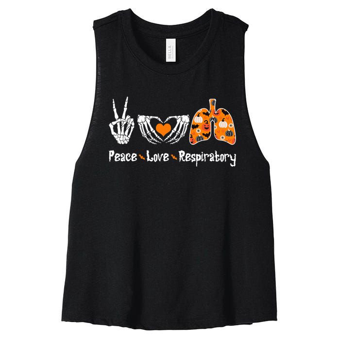 Peace Love Respiratory Therapist Skeleton Halloween Costume Women's Racerback Cropped Tank