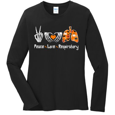 Peace Love Respiratory Therapist Skeleton Halloween Costume Ladies Long Sleeve Shirt