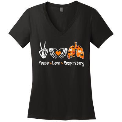 Peace Love Respiratory Therapist Skeleton Halloween Costume Women's V-Neck T-Shirt