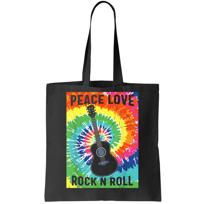 Peace Love Rock Roll Tie Dye Hippie Guitar Music Retro Tote Bag