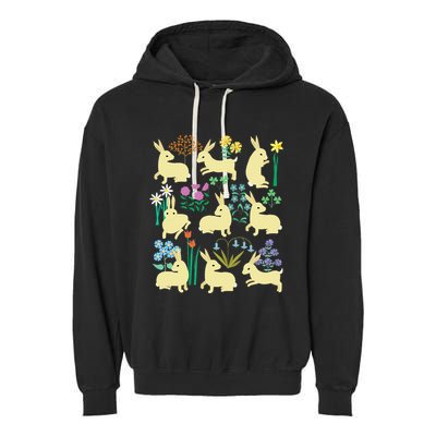 Playful Little Rabbits Among Colorful Flowers Garment-Dyed Fleece Hoodie