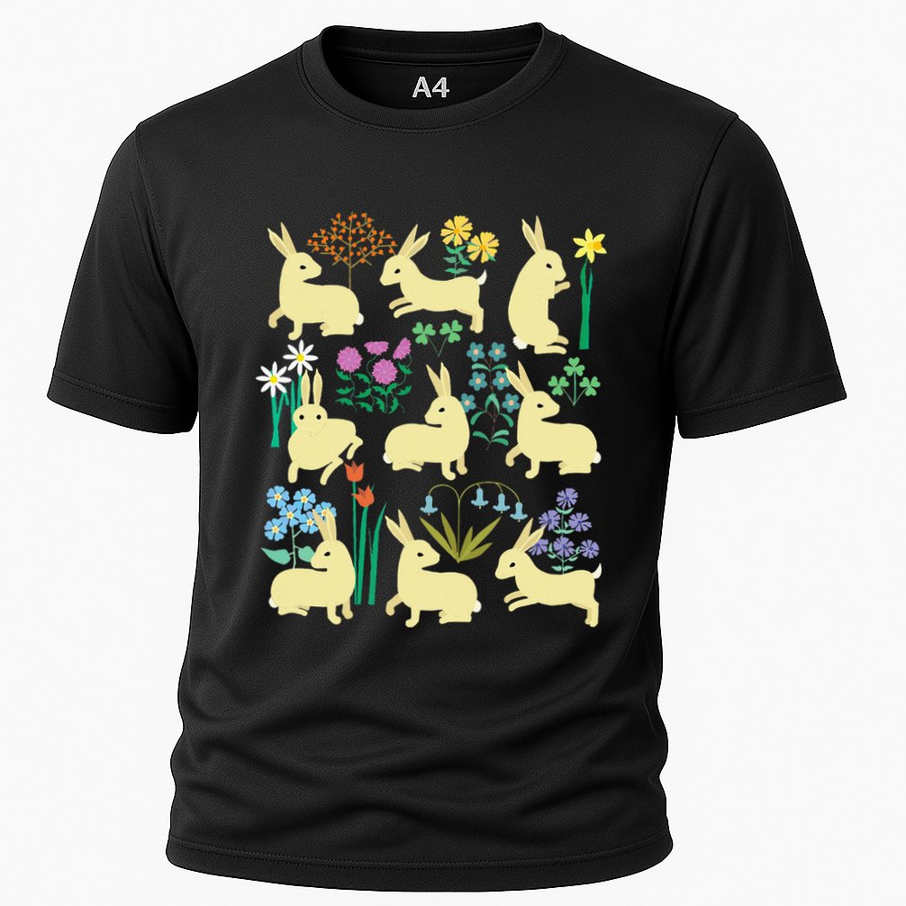 Playful Little Rabbits Among Colorful Flowers Cooling Performance Crew T-Shirt