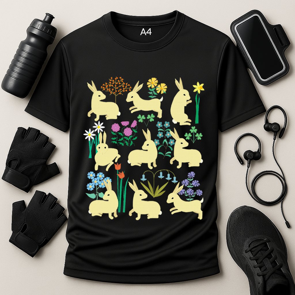 Playful Little Rabbits Among Colorful Flowers Cooling Performance Crew T-Shirt