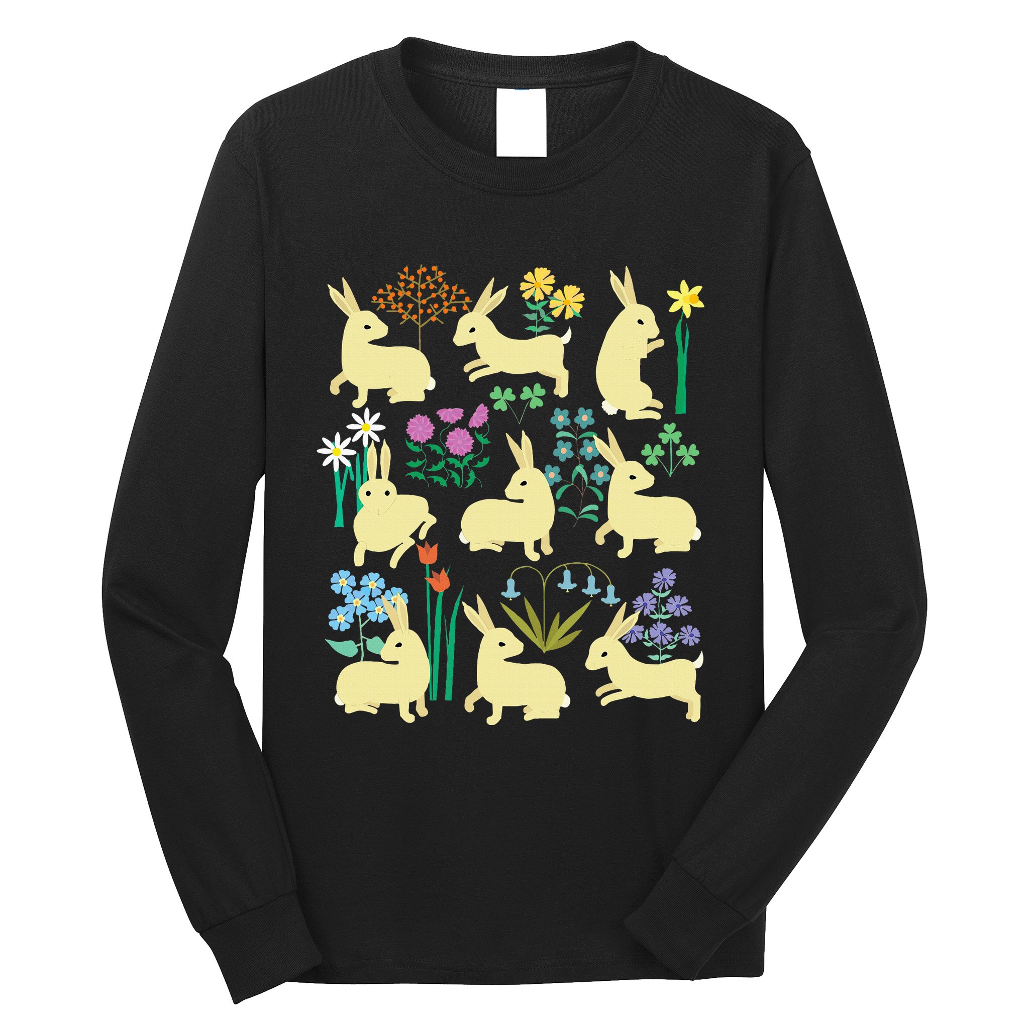 Playful Little Rabbits Among Colorful Flowers Long Sleeve Shirt