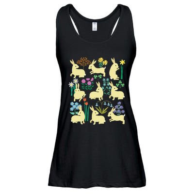 Playful Little Rabbits Among Colorful Flowers Ladies Essential Flowy Tank