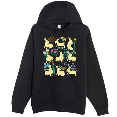 Playful Little Rabbits Among Colorful Flowers Premium Pullover Hoodie