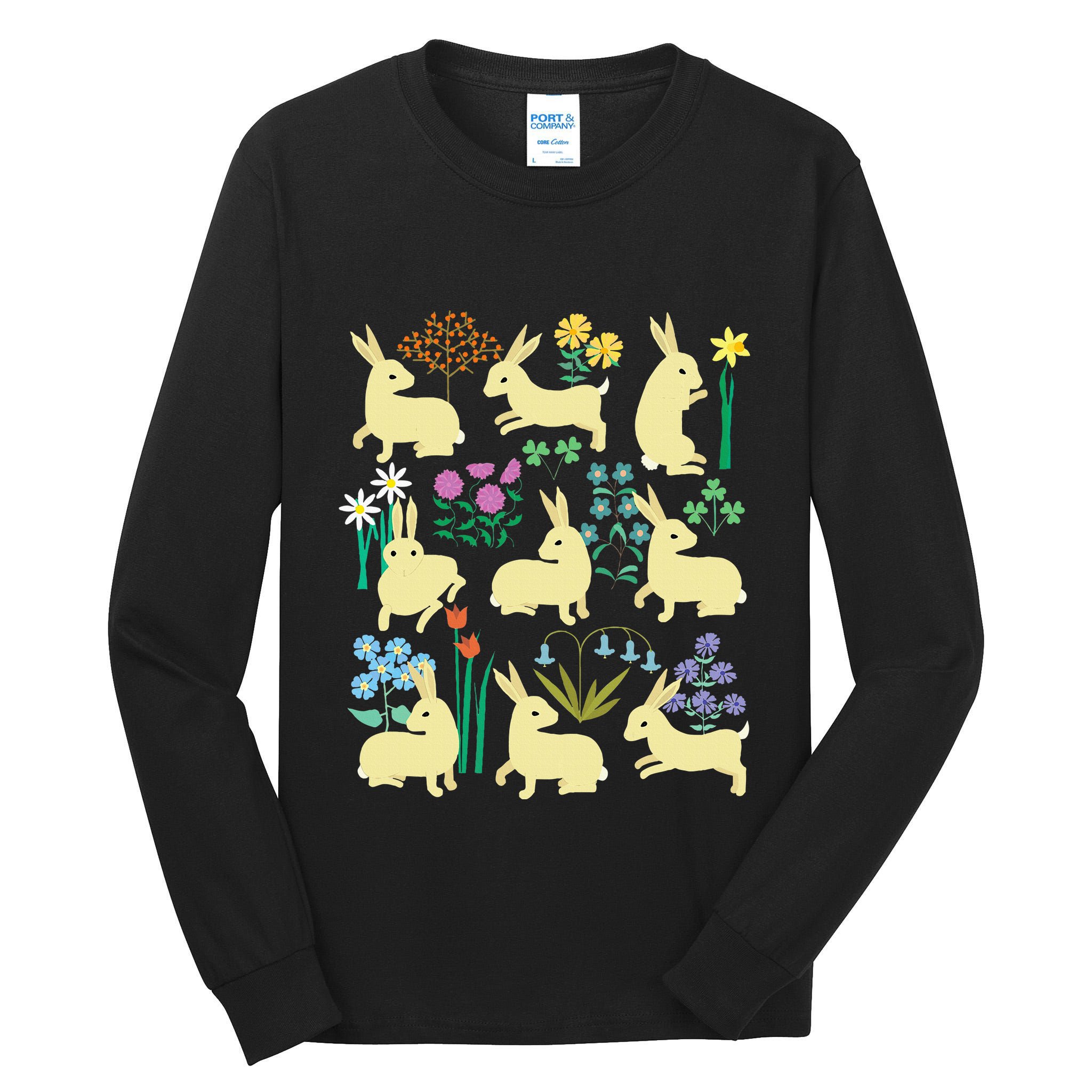 Playful Little Rabbits Among Colorful Flowers Tall Long Sleeve T-Shirt