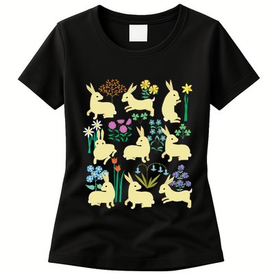 Playful Little Rabbits Among Colorful Flowers Womens T-Shirt