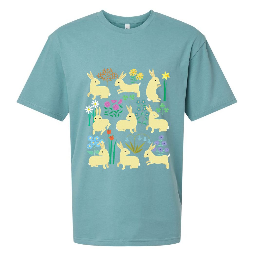 Playful Little Rabbits Among Colorful Flowers Sueded Cloud Jersey T-Shirt