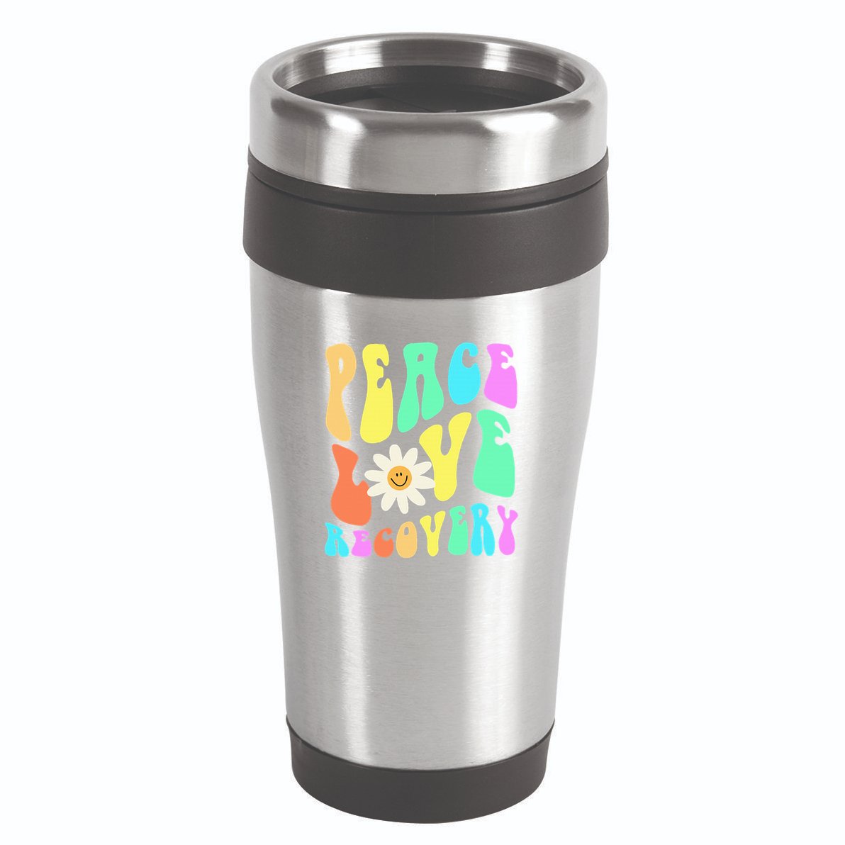 Peace Love Recovery Retro Sober Celebration 16oz Travel Tumbler