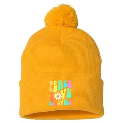 Peace Love Recovery Retro Sober Celebration Pom Pom 12in Knit Beanie