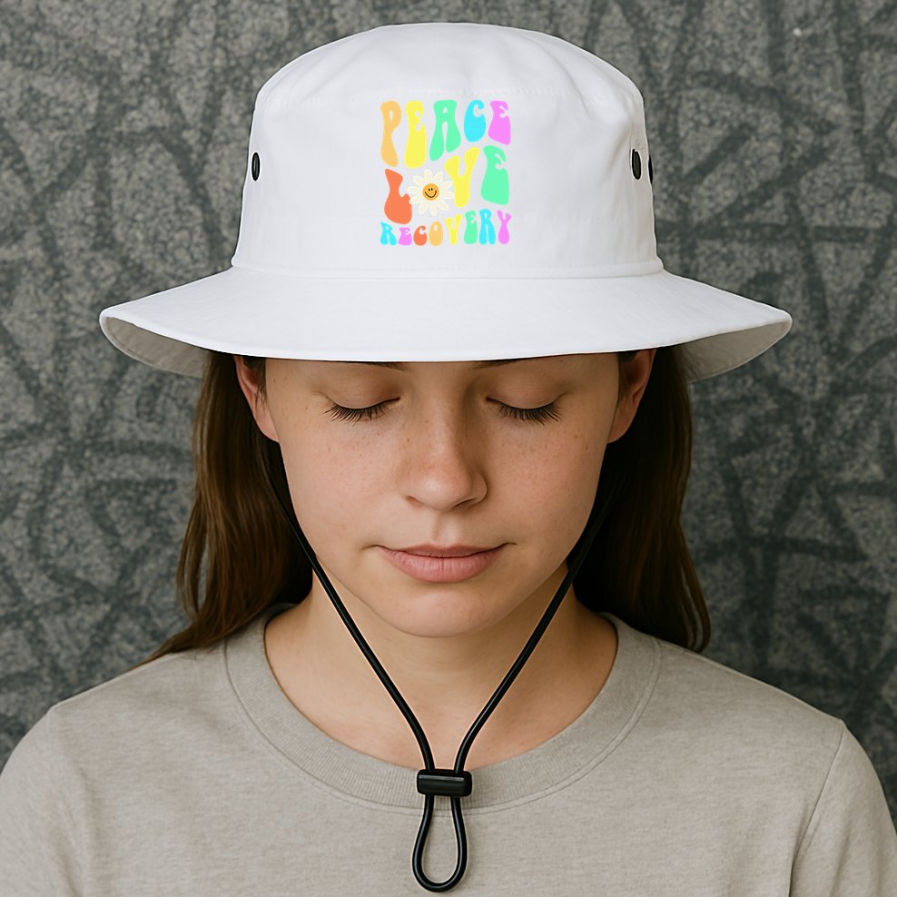 Peace Love Recovery Retro Sober Celebration Bucket Hat