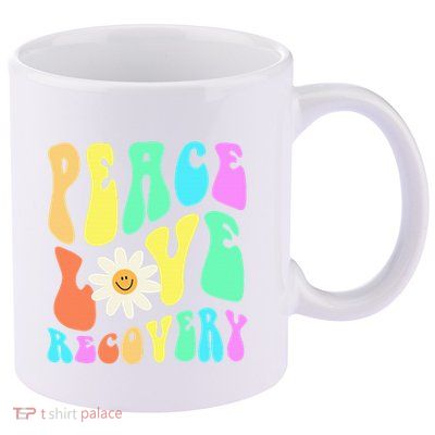 Peace Love Recovery Retro Sober Celebration 11oz C Handle Ceramic Mug