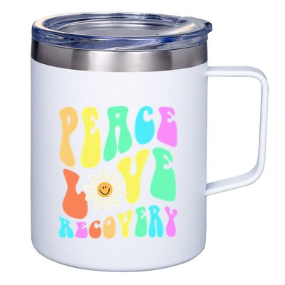 Peace Love Recovery Retro Sober Celebration 12oz Stainless Steel Coffee Mug