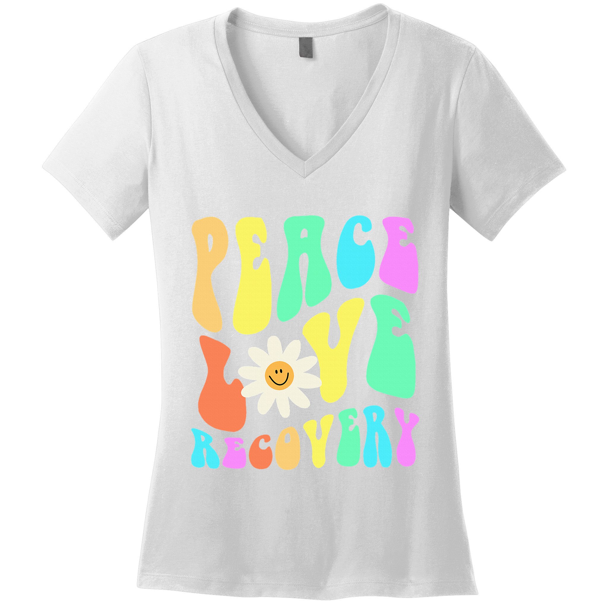 Peace Love Recovery Retro Sober Celebration Women's V-Neck T-Shirt