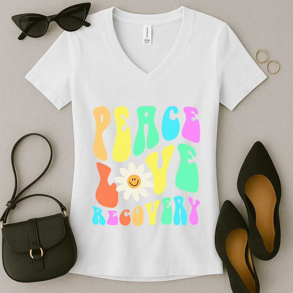 Peace Love Recovery Retro Sober Celebration Women's V-Neck T-Shirt