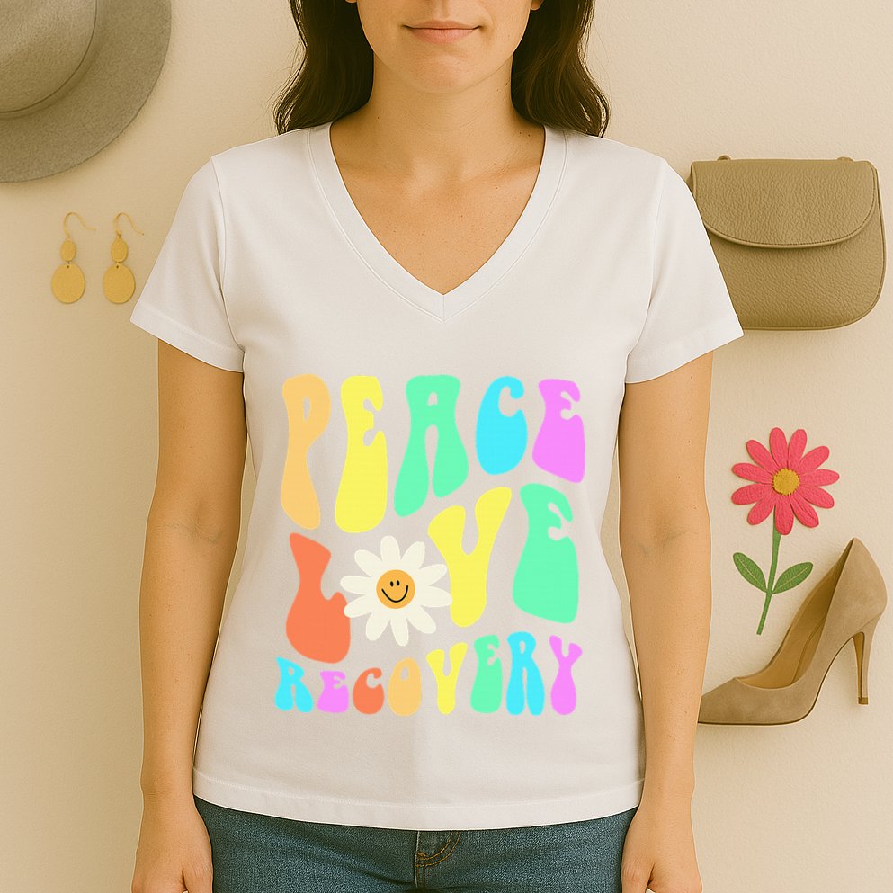 Peace Love Recovery Retro Sober Celebration Women's V-Neck T-Shirt