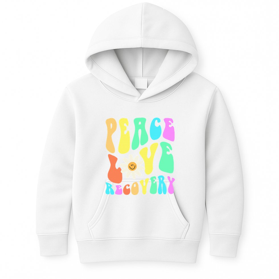 Peace Love Recovery Retro Sober Celebration Kids Hoodie