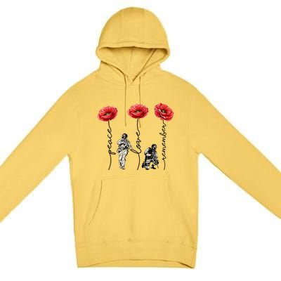 Peace Love Remember Red Poppy Flower Soldier Veteran Day Gift Premium Pullover Hoodie