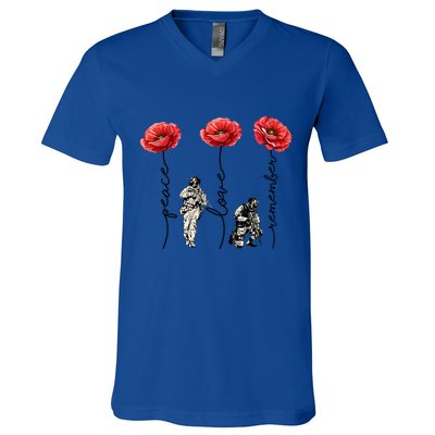 Peace Love Remember Red Poppy Flower Soldier Veteran Day Gift V-Neck T-Shirt