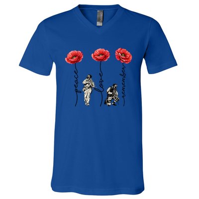 Peace Love Remember Red Poppy Flower Soldier Veteran Day Gift V-Neck T-Shirt