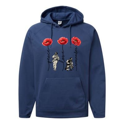 Peace Love Remember Red Poppy Flower Soldier Veteran Day Gift Performance Fleece Hoodie