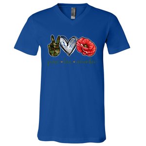 Peace Love Remember Red Poppy Flower Soldier Veteran Day Gift V-Neck T-Shirt