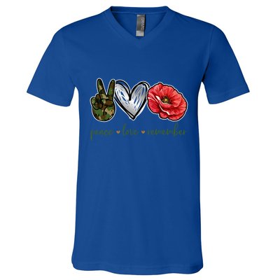 Peace Love Remember Red Poppy Flower Soldier Veteran Day Gift V-Neck T-Shirt