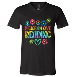 Peace Love Reading Tie Dye Book Lover Bookworm Librarian V-Neck T-Shirt