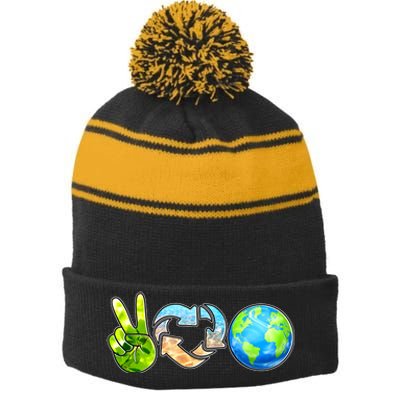 Peace Love Recycle Earth Celebrate Earth Day Everyday Stripe Pom Pom Beanie