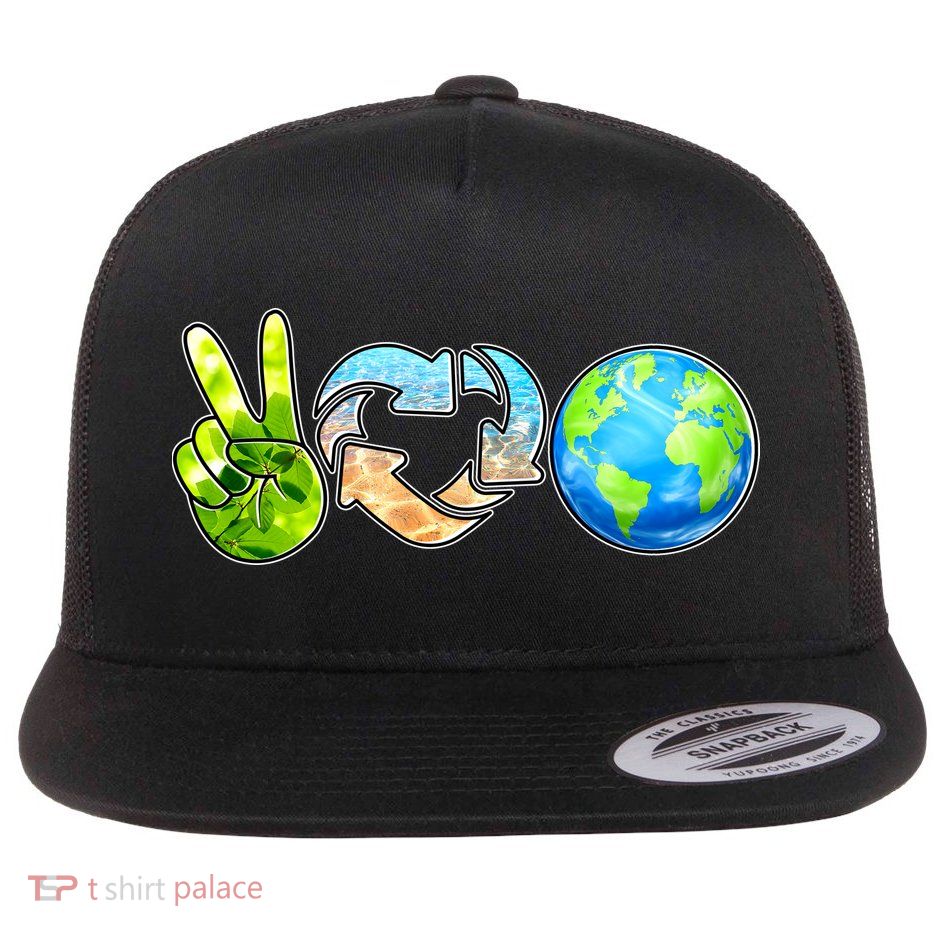 Peace Love Recycle Earth Celebrate Earth Day Everyday Flat Bill Trucker Hat