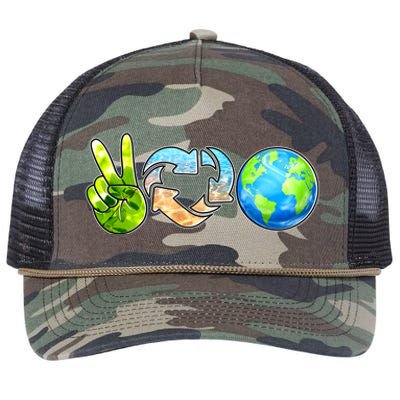 Peace Love Recycle Earth Celebrate Earth Day Everyday Retro Rope Trucker Hat Cap